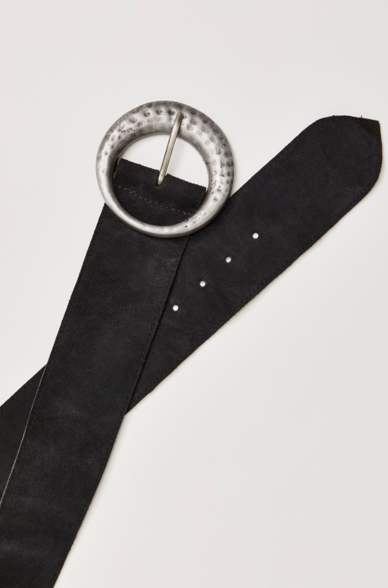 Trestles Clothing Company Cannon suede belt in black with a large round hammered silver buckle and vintage aesthetic.